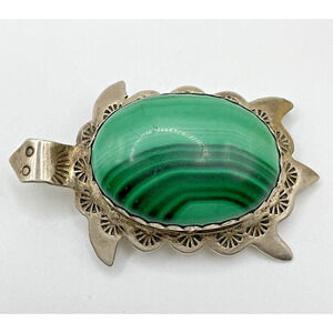 Vintage Malachite 925 Sterling Silver Brooch Southwestern Turtle Pin 1" x 1.7"